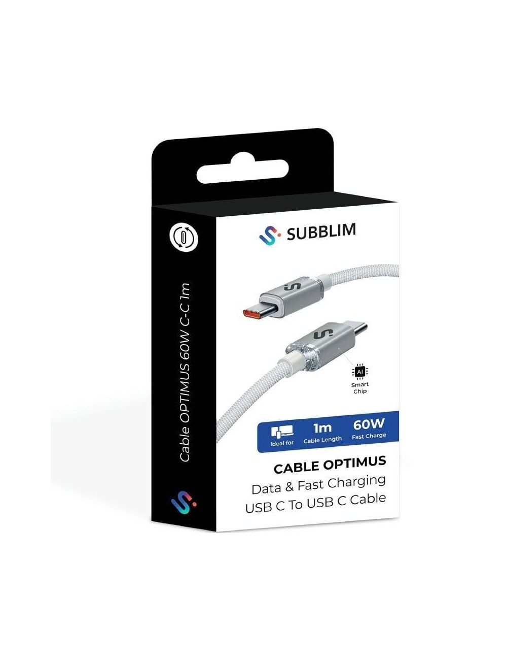 Cable USB 2.0 Tipo-C Subblim Optimus/ USB Tipo-C Macho - USB Tipo-C Macho/ Hasta 60W/ 480Mbps/ 1m/ Blanco