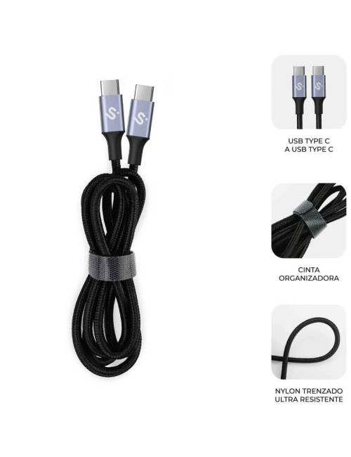 Cable USB 2.0 Tipo-C Subblim Plus/ USB Tipo-C Macho - USB Tipo-C Macho/ Hasta 100W/ 480Mbps/ 1m/ Negro