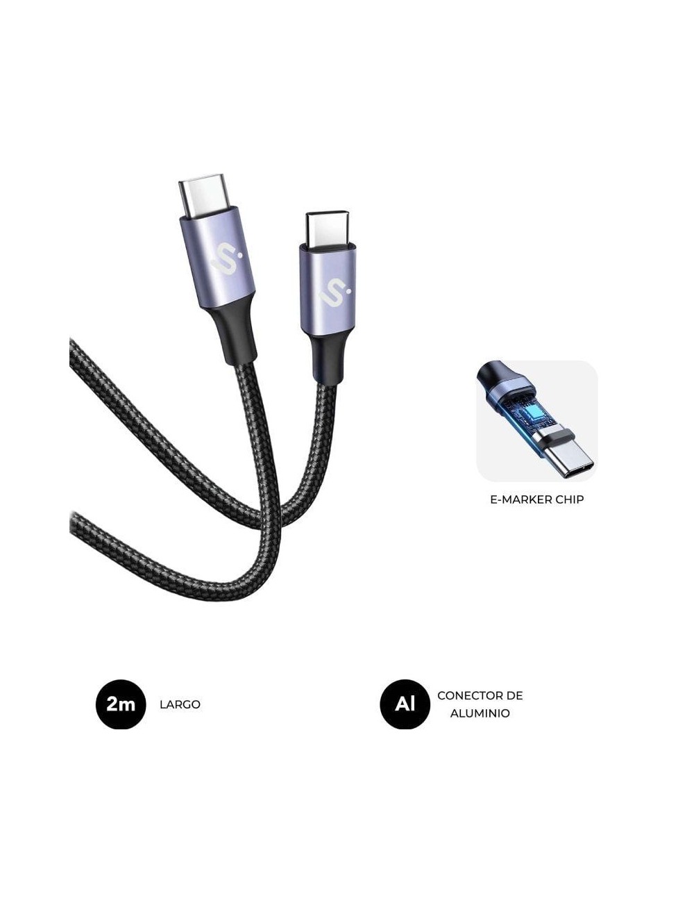 Cable USB 2.0 Tipo-C Subblim Plus/ USB Tipo-C Macho - USB Tipo-C Macho/ Hasta 100W/ 480Mbps/ 1m/ Negro