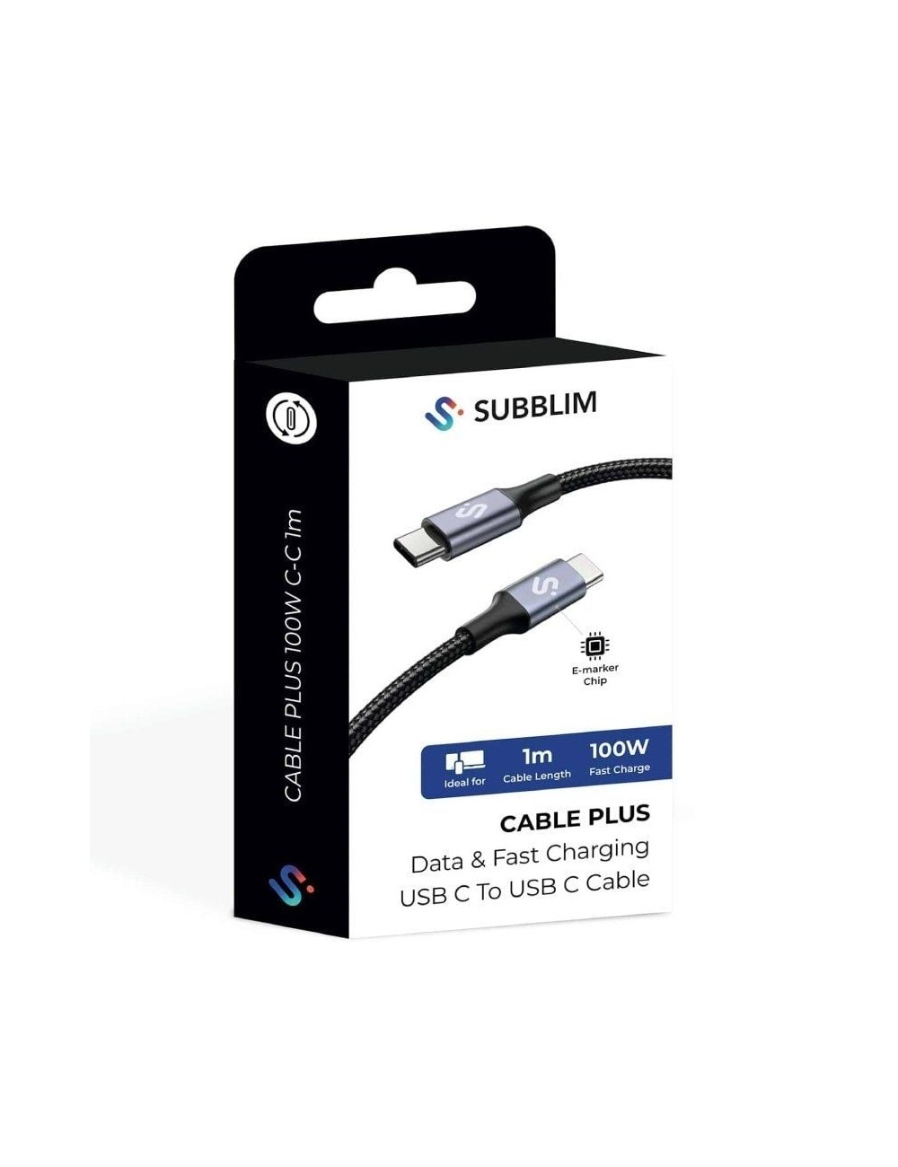 Cable USB 2.0 Tipo-C Subblim Plus/ USB Tipo-C Macho - USB Tipo-C Macho/ Hasta 100W/ 480Mbps/ 1m/ Negro