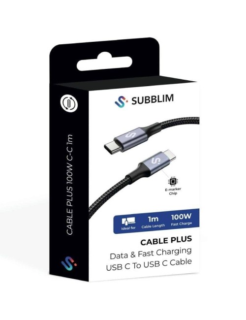 Cable USB 2.0 Tipo-C Subblim Plus/ USB Tipo-C Macho - USB Tipo-C Macho/ Hasta 100W/ 480Mbps/ 1m/ Negro