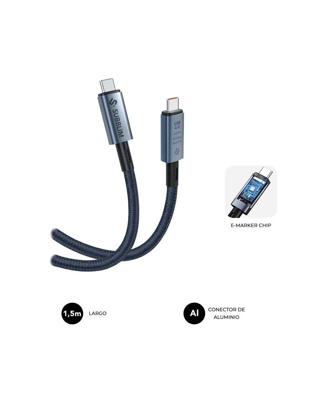 Cable USB 4.0 Tipo-C Subblim Cable High/ USB Tipo-C Macho - USB Tipo-C Macho/ Hasta 240W/ 40Gbps 1.5m/ Negro