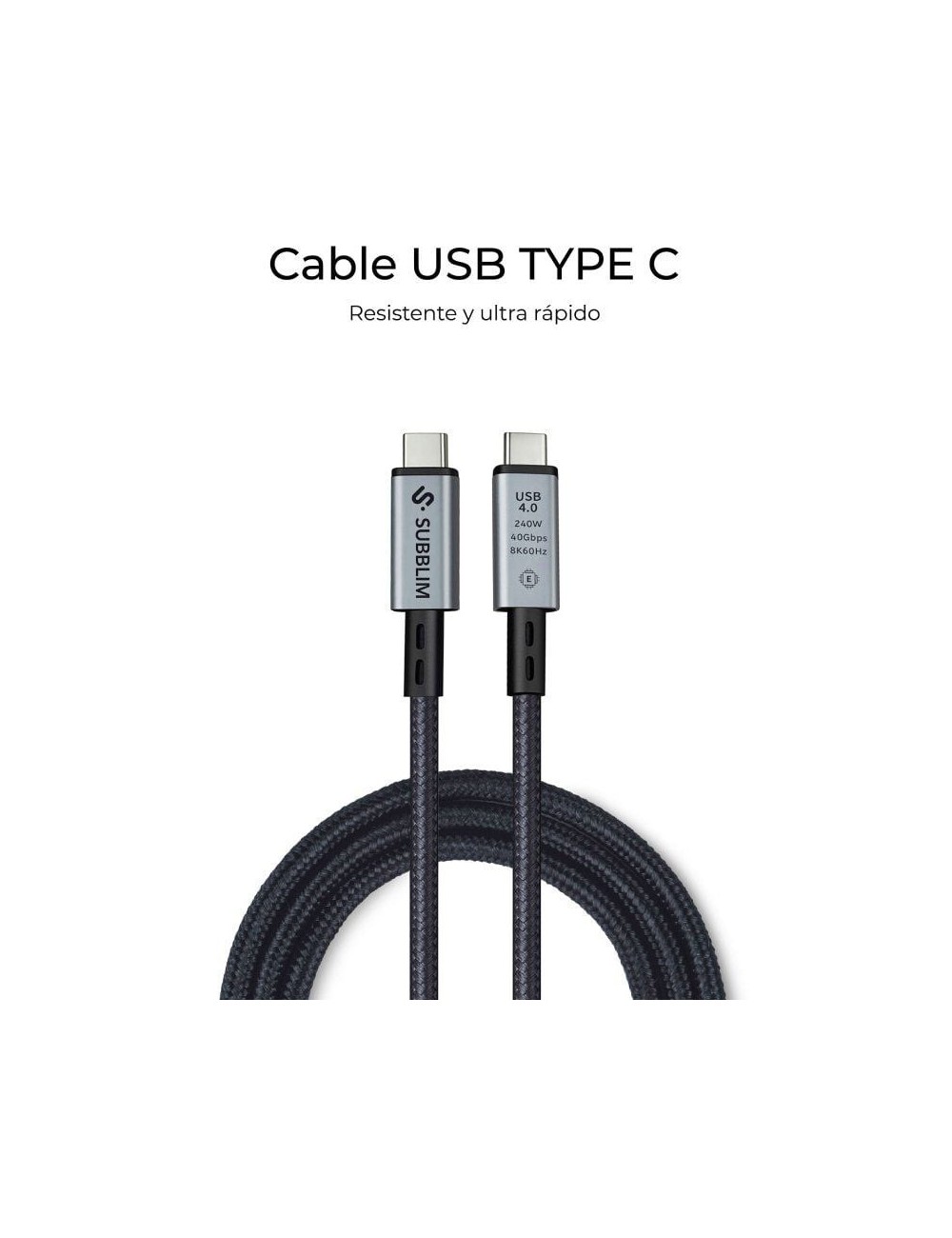 Cable USB 4.0 Tipo-C Subblim Cable High/ USB Tipo-C Macho - USB Tipo-C Macho/ Hasta 240W/ 40Gbps 1.5m/ Negro