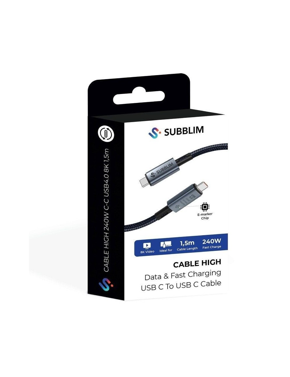 Cable USB 4.0 Tipo-C Subblim Cable High/ USB Tipo-C Macho - USB Tipo-C Macho/ Hasta 240W/ 40Gbps 1.5m/ Negro