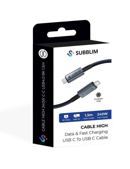 Cable USB 4.0 Tipo-C Subblim Cable High/ USB Tipo-C Macho - USB Tipo-C Macho/ Hasta 240W/ 40Gbps 1.5m/ Negro