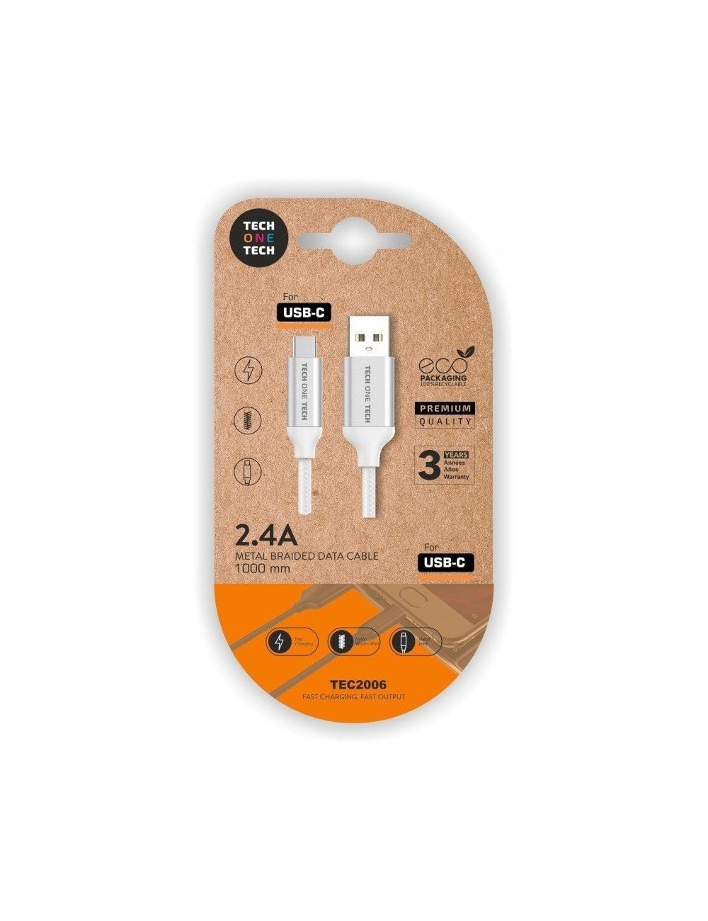 Cable USB 2.0 Tech One Tech TEC2006/ USB Tipo-C Macho - USB Macho/ 480Mbps/ 1m/ Blanco
