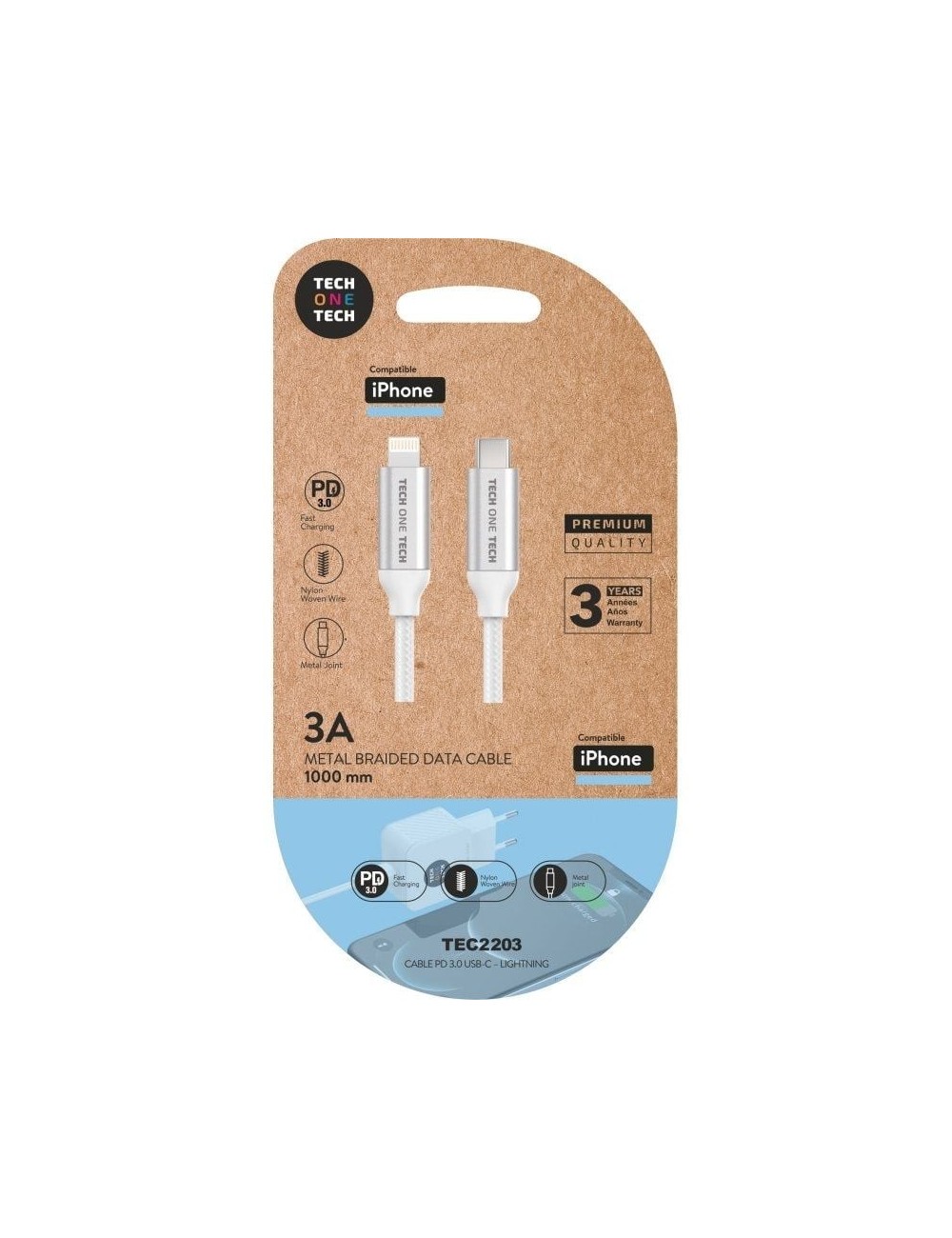 Cable USB Tipo-C Lightning Tech One Tech TEC2203/ Lightning Macho - USB Tipo-C Macho/ Hasta 20W/ 480Mbps/ 1m/ Blanco