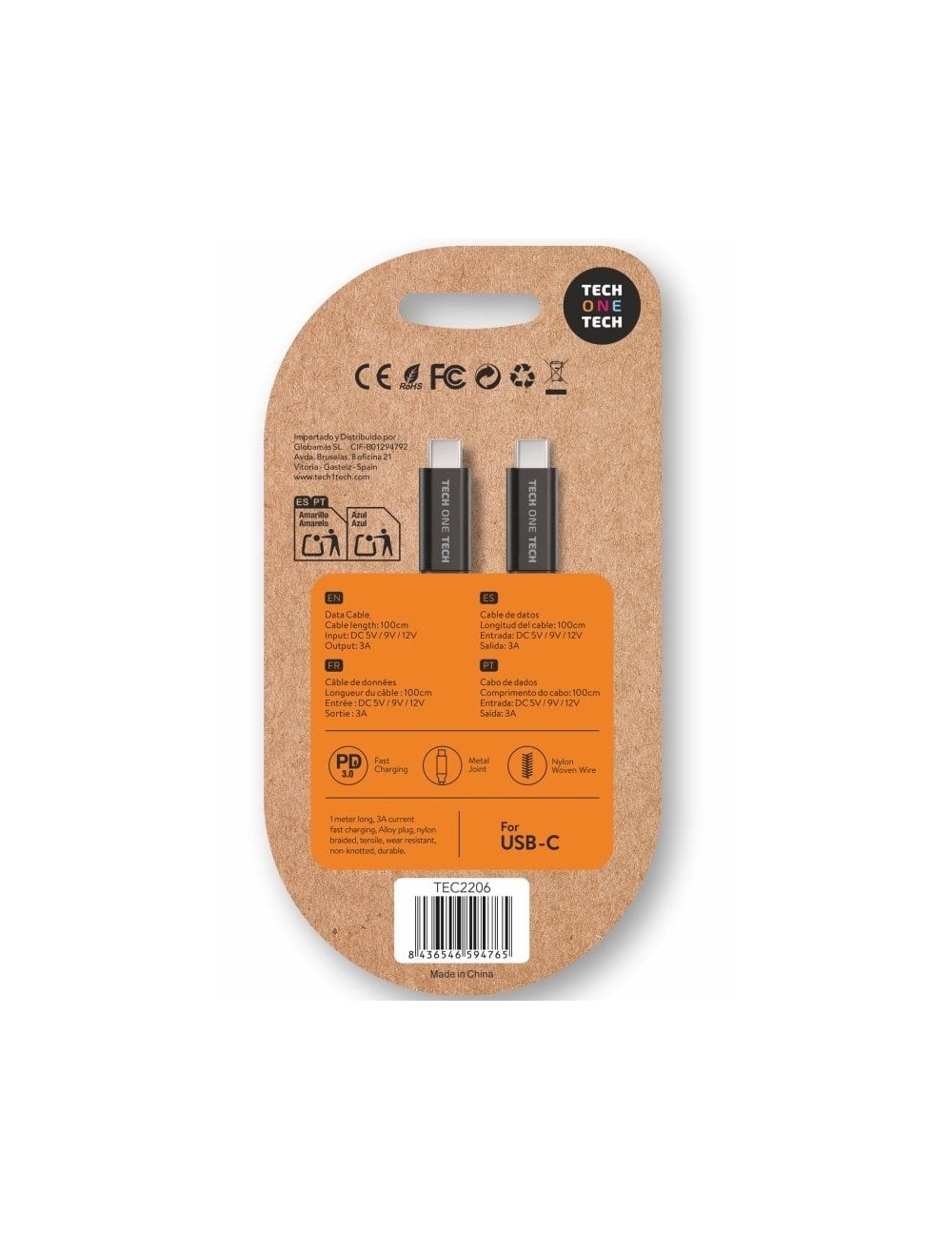 Cable USB 2.0 Tipo-C Tech One Tech TEC2206/ USB Tipo-C Macho - USB Tipo-C Macho/ Hasta 60W/ 480Mbps/ 1m/ Negro
