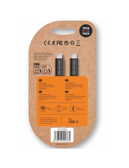 Cable USB 2.0 Tipo-C Tech One Tech TEC2206/ USB Tipo-C Macho - USB Tipo-C Macho/ Hasta 60W/ 480Mbps/ 1m/ Negro