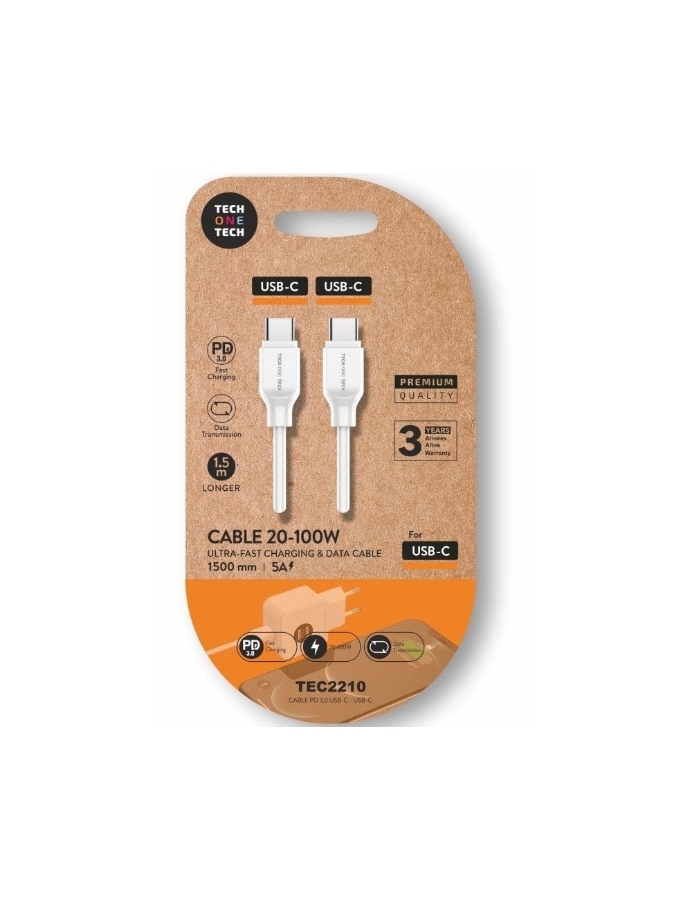 Cable USB 2.0 Tipo-C Tech One Tech TEC2210/ USB Tipo-C Macho - USB Tipo-C Macho/ Hasta 100W/ 480Mbps/ 1.5m/ Blanco