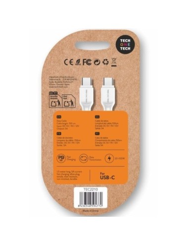 Cable USB 2.0 Tipo-C Tech One Tech TEC2210/ USB Tipo-C Macho - USB Tipo-C Macho/ Hasta 100W/ 480Mbps/ 1.5m/ Blanco