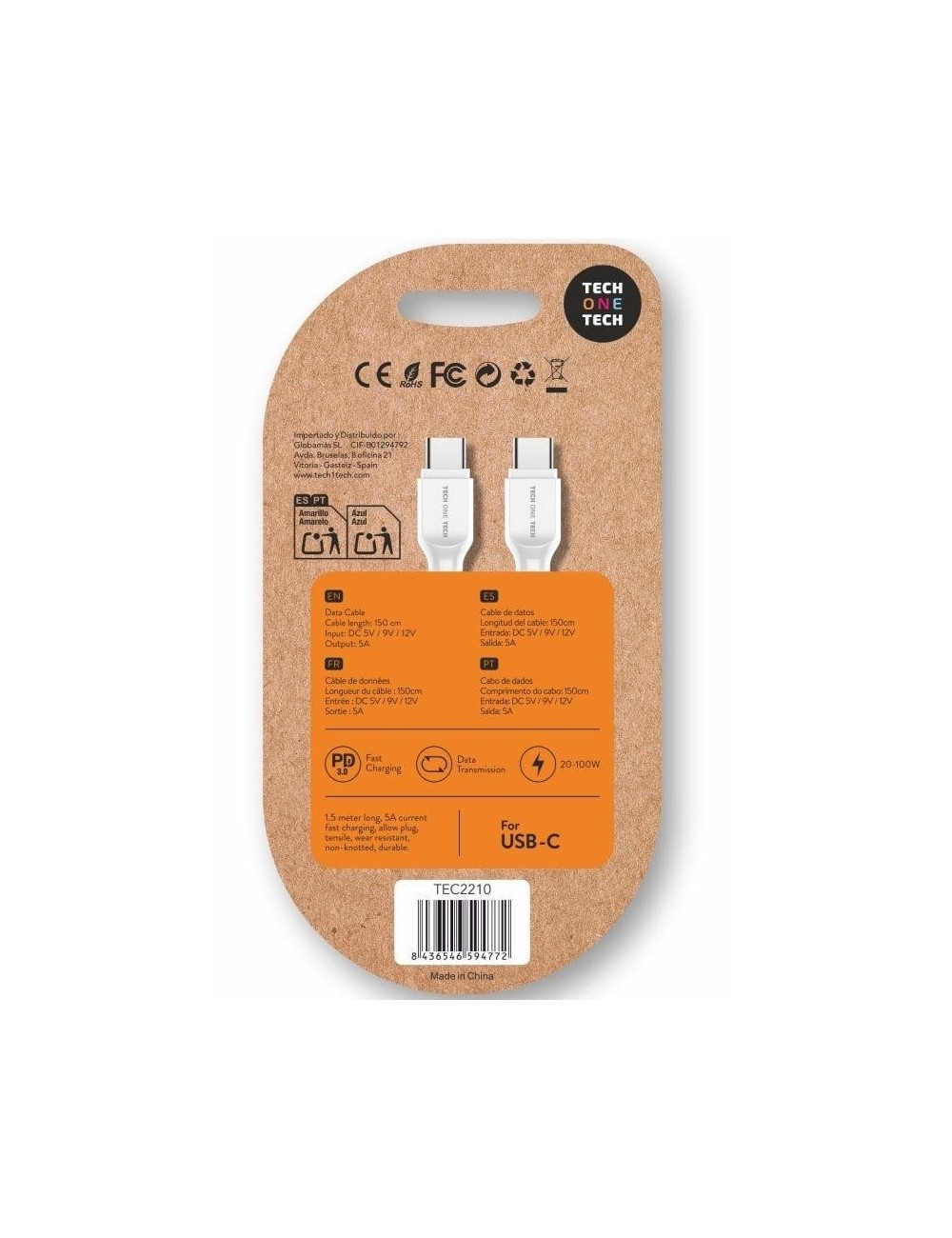 Cable USB 2.0 Tipo-C Tech One Tech TEC2210/ USB Tipo-C Macho - USB Tipo-C Macho/ Hasta 100W/ 480Mbps/ 1.5m/ Blanco