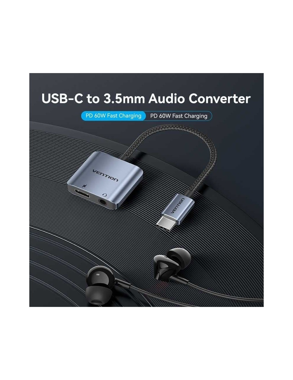Adaptador Audio Vention BIGHA/ USB Tipo-C Macho - Jack 3.5 Hembra/ USB Tipo-C PD Hembra/ Gris