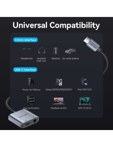 Adaptador Audio Vention BIGHA/ USB Tipo-C Macho - Jack 3.5 Hembra/ USB Tipo-C PD Hembra/ Gris