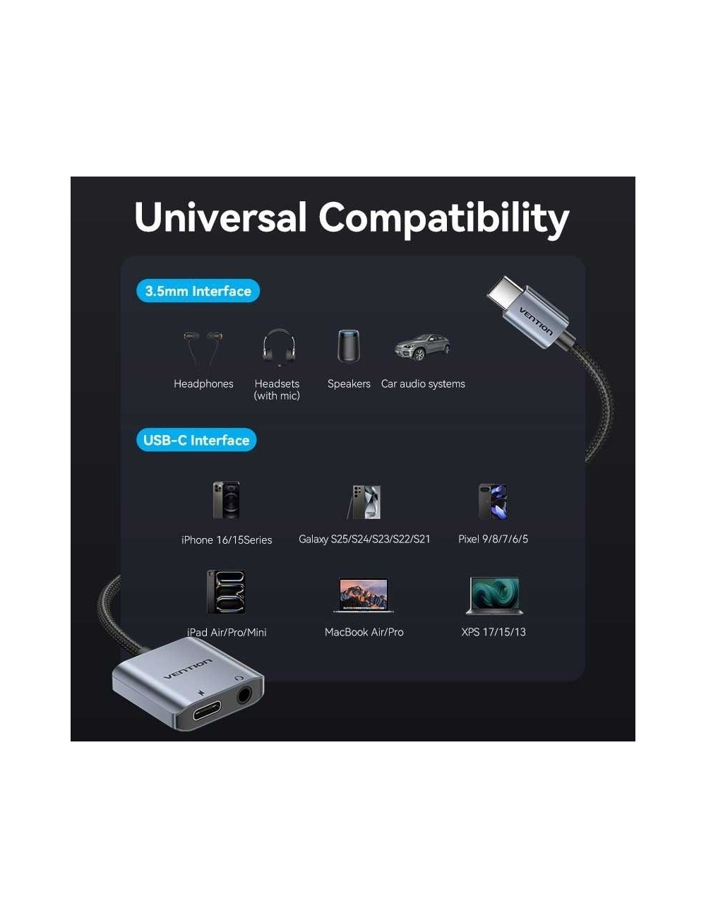 Adaptador Audio Vention BIGHA/ USB Tipo-C Macho - Jack 3.5 Hembra/ USB Tipo-C PD Hembra/ Gris