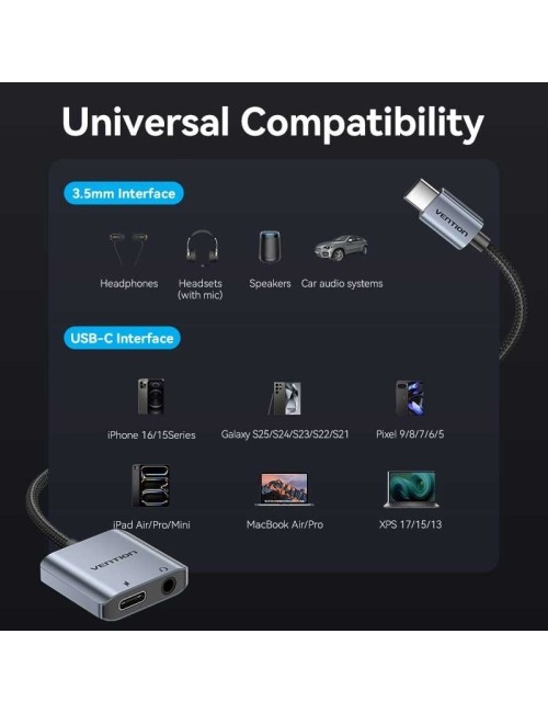 Adaptador Audio Vention BIGHA/ USB Tipo-C Macho - Jack 3.5 Hembra/ USB Tipo-C PD Hembra/ Gris