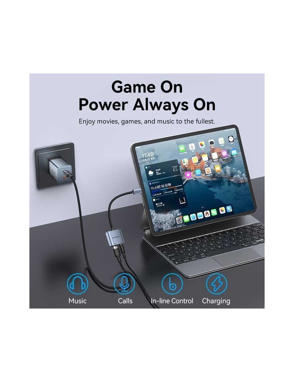 Adaptador Audio Vention BIGHA/ USB Tipo-C Macho - Jack 3.5 Hembra/ USB Tipo-C PD Hembra/ Gris