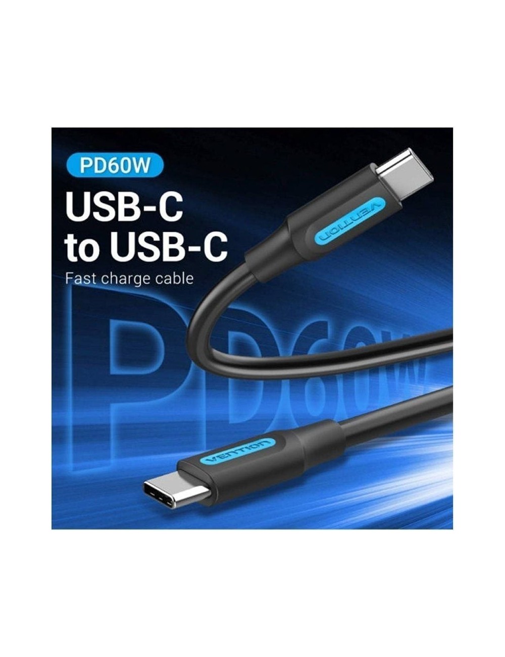 Cable USB 2.0 Tipo-C Vention COSBD/ USB Tipo-C Macho - USB Tipo-C Macho/ Hasta 60W/ 480Mbps/ 50cm/ Negro