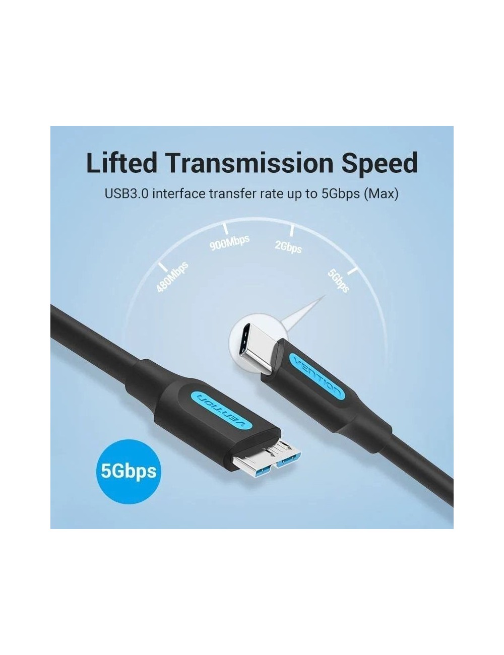Cable USB 3.0 Vention CQABD/ microUSB Macho - USB Tipo-C Macho/ 5Gbps/ 50cm/ Negro