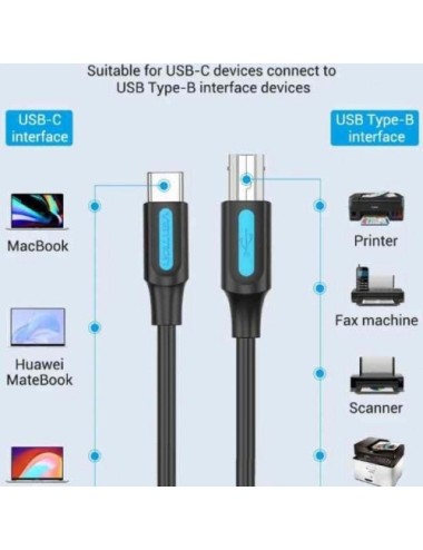 Cable USB 2.0 Impresora Vention CQUBG/ USB Tipo-B Macho - USB Tipo-C Macho/ 480Mbps/ 1.5m/ Negro
