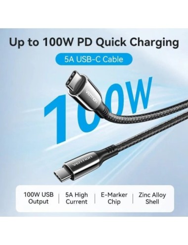Cable USB 2.0 Tipo-C 5A 100W Vention CTKBAV/ USB Tipo-C Macho - USB Tipo-C Macho/ Hasta 100W/ 480Mbps/ 1.2m/ Negro