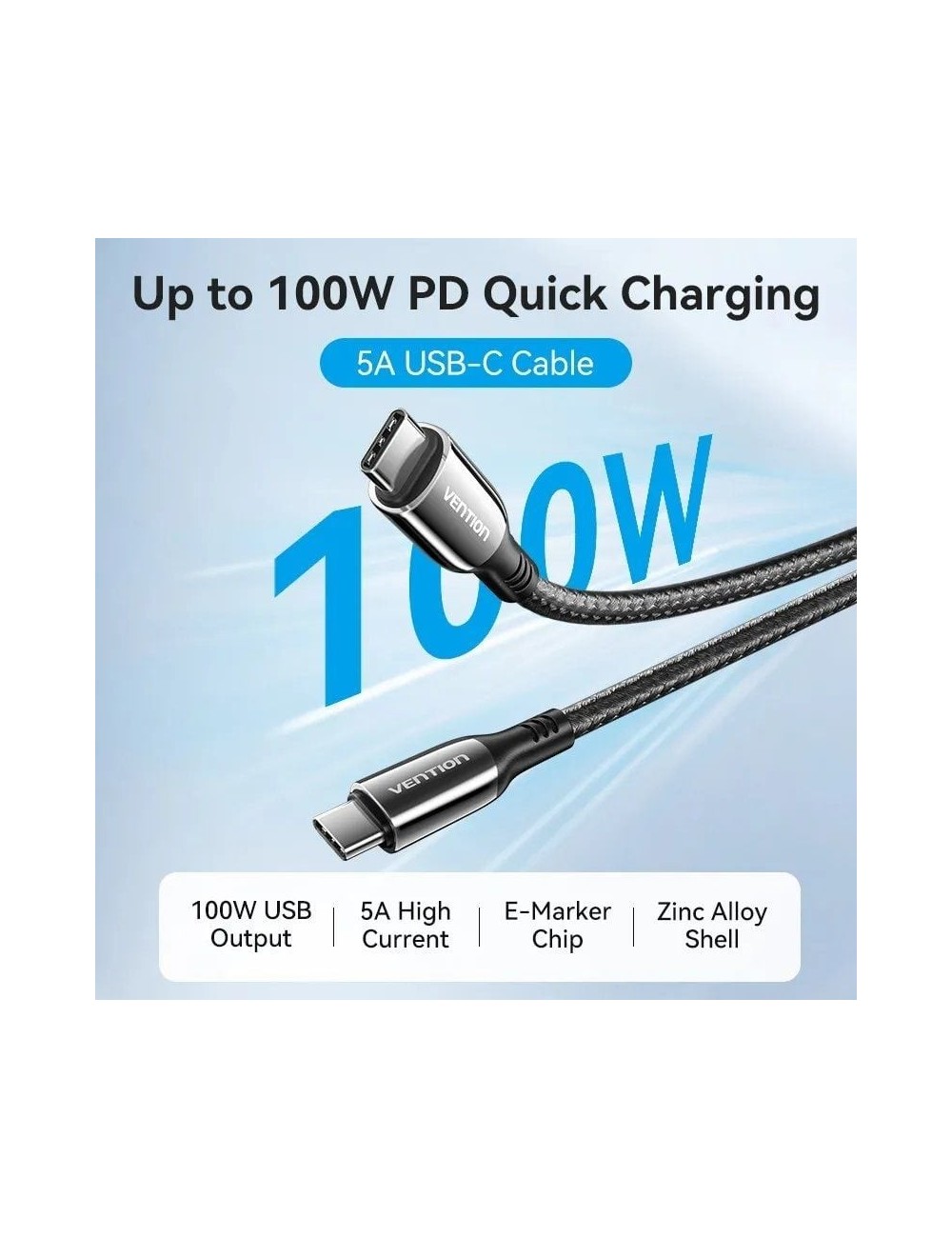 Cable USB 2.0 Tipo-C 5A 100W Vention CTKBAV/ USB Tipo-C Macho - USB Tipo-C Macho/ Hasta 100W/ 480Mbps/ 1.2m/ Negro