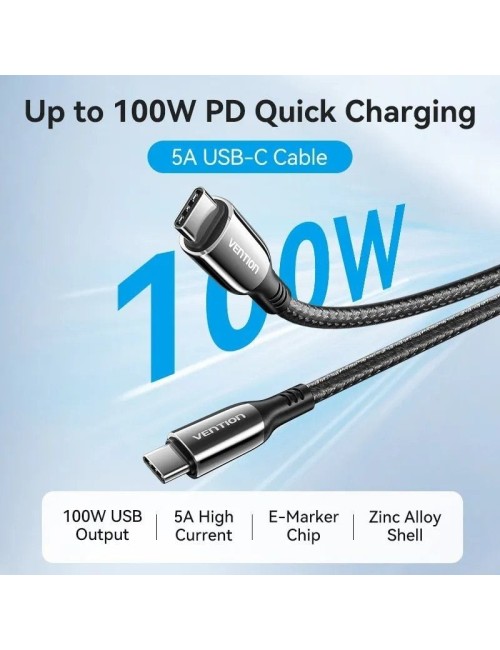 Cable USB 2.0 Tipo-C 5A 100W Vention CTKBAV/ USB Tipo-C Macho - USB Tipo-C Macho/ Hasta 100W/ 480Mbps/ 1.2m/ Negro