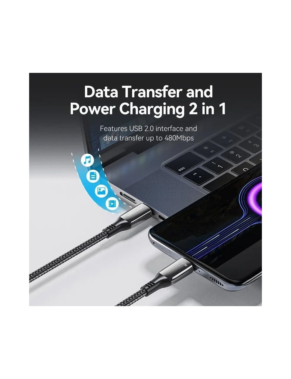 Cable USB 2.0 Tipo-C 5A 100W Vention CTKBH/ USB Tipo-C Macho - USB Tipo-C Macho/ Hasta 100W/ 480Mbps/ 2m/ Negro