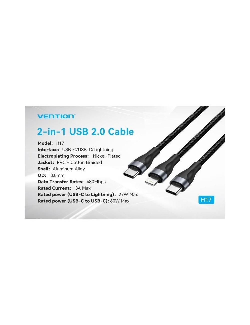 Cable USB Tipo-C Vention H17BAV/ USB Tipo-C Macho - Lightning Macho/ USB Tipo-C Macho/ 60W/ 480Mbps/ 1.2m/ Negro