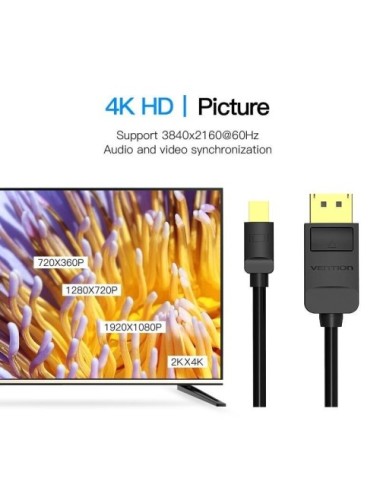 Cable Mini DisplayPort 1.4 4K Vention HAABH/ Mini DisplayPort Macho - DisplayPort Macho/ 2m/ Negro