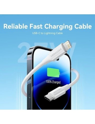 Cable USB 2.0 Tipo-C Lightning Vention LAJWF/ USB Tipo-C Macho - Lightning Macho/ Hasta 27W/ 480Mbps/ 1m/ Blanco