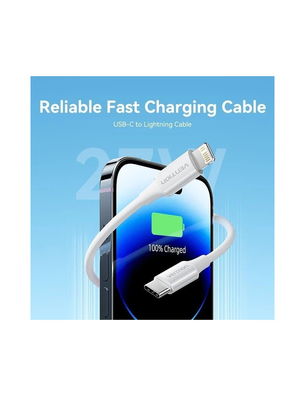 Cable USB 2.0 Tipo-C Lightning Vention LAJWF/ USB Tipo-C Macho - Lightning Macho/ Hasta 27W/ 480Mbps/ 1m/ Blanco