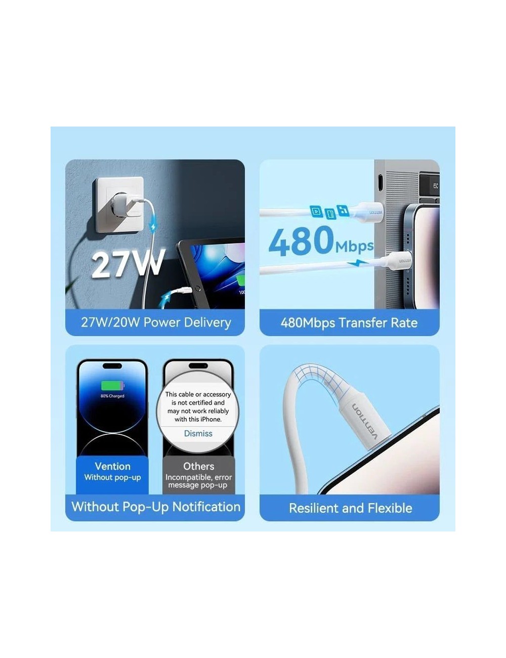 Cable USB 2.0 Tipo-C Lightning Vention LAJWF/ USB Tipo-C Macho - Lightning Macho/ Hasta 27W/ 480Mbps/ 1m/ Blanco