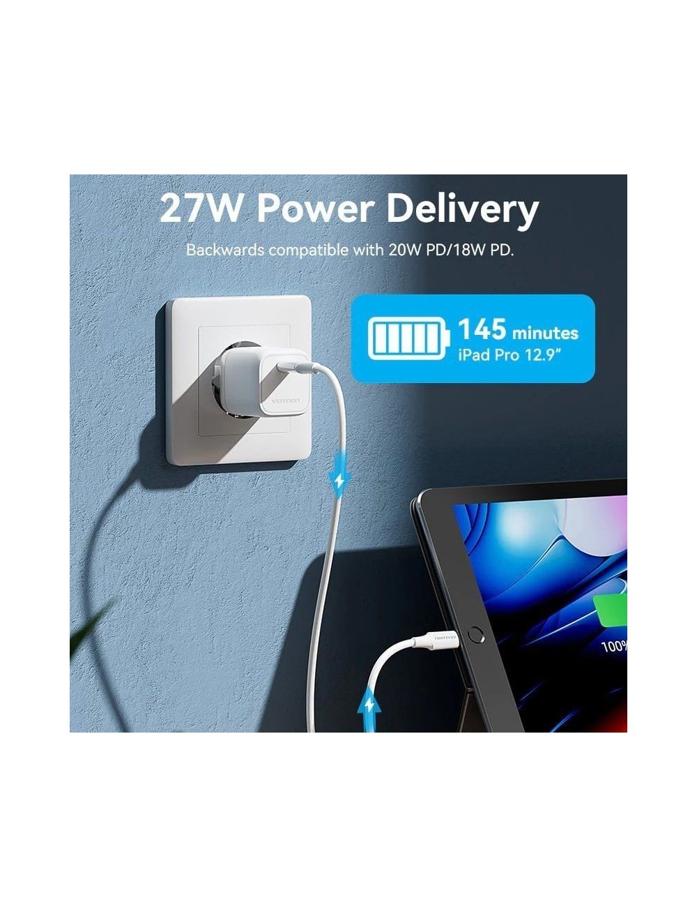 Cable USB 2.0 Tipo-C Lightning Vention LAJWF/ USB Tipo-C Macho - Lightning Macho/ Hasta 27W/ 480Mbps/ 1m/ Blanco