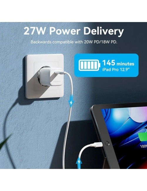Cable USB 2.0 Tipo-C Lightning Vention LAJWF/ USB Tipo-C Macho - Lightning Macho/ Hasta 27W/ 480Mbps/ 1m/ Blanco