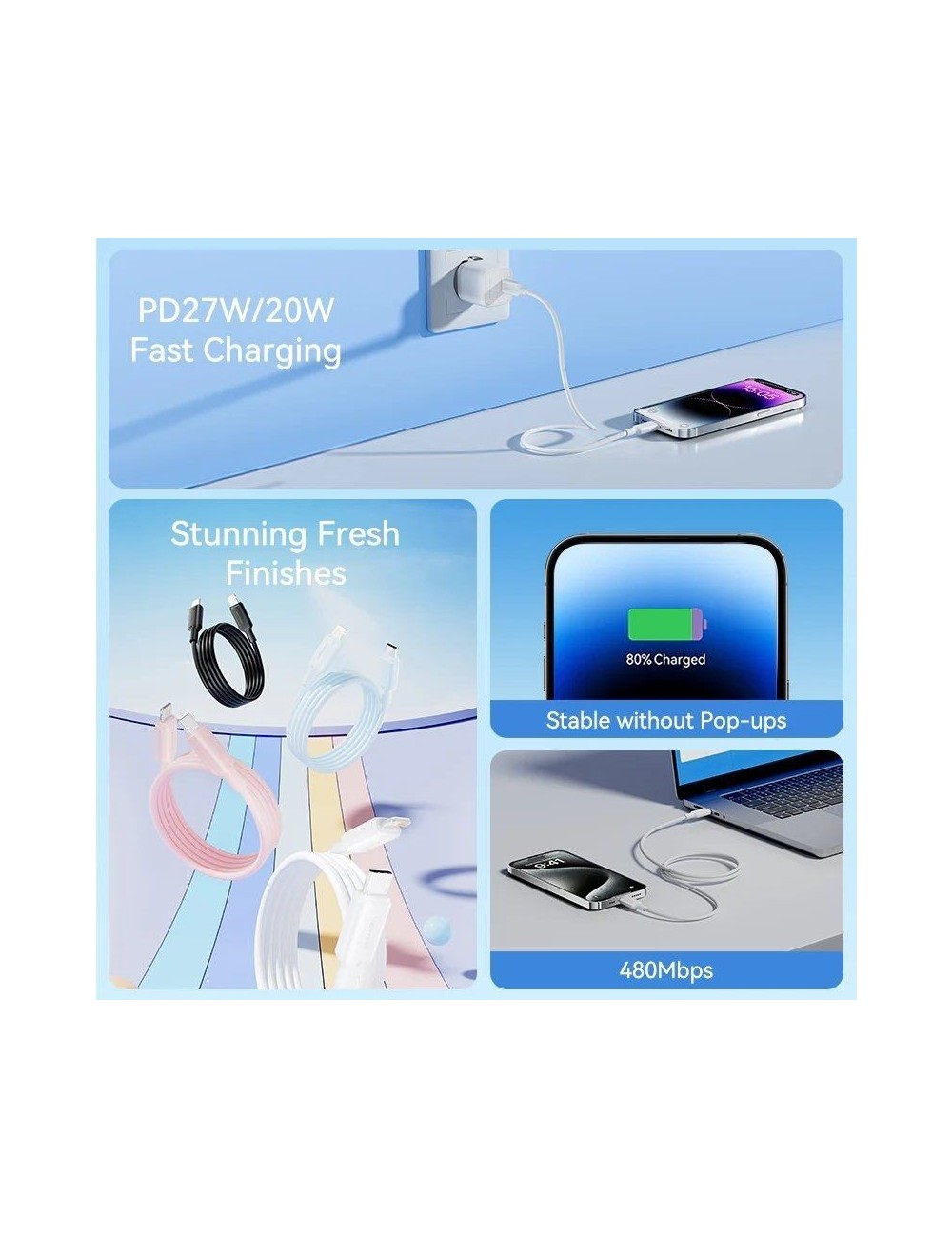 Cable USB 2.0 Tipo-C Lightning Vention LAKWH/ USB Tipo-C Macho - Lightning Macho/ Hasta 27W/ 480Mbps/ 2m/ Blanco