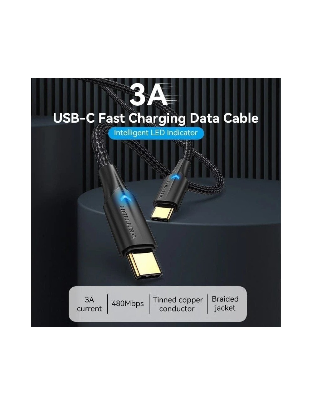 Cable USB 2.0 Tipo-C 3A Vention TAUBD/ USB Tipo-C Macho - USB Tipo-C Macho/ Hasta 60W/ 480Mbps/ 50cm/ Negro