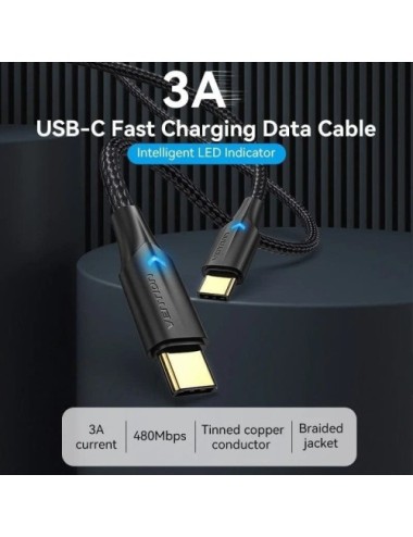 Cable USB 2.0 Tipo-C 3A Vention TAUBF/ USB Tipo-C Macho - USB Tipo-C Macho/ Hasta 60W/ 480Mbps/ 1m/ Negro