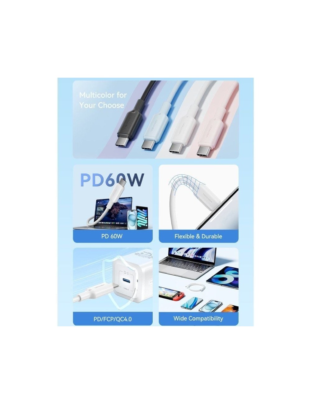 Cable USB 2.0 Tipo-C 3A Vention TRCSH/ USB Tipo-C Macho - USB Tipo-C Macho/ Hasta 60W/ 480Mbps/ 2m/ Azul