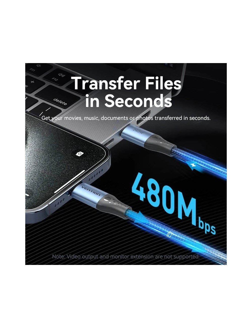 Cable USB 2.0 Tipo-C 5A Vention TREBD/ USB Tipo-C Macho - USB Tipo-C Macho/ Hasta 240W/ 480Mbps/ 50cm/ Azul y Negro