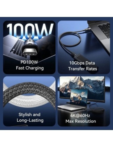 Cable USB 3.2 Tipo-C 5A Vention TRGBF/ USB Tipo-C Macho - USB Tipo-C Macho/ Hasta 100W/ 10Gbps/ 1m/ Negro