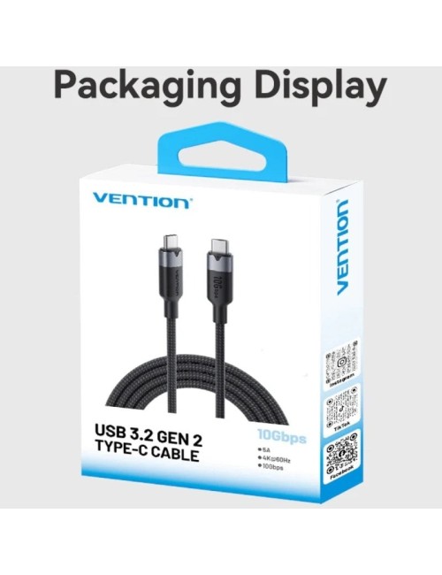 Cable USB 3.2 Tipo-C 5A Vention TRGWF/ USB Tipo-C Macho - USB Tipo-C Macho/ Hasta 100W/ 10Gbps/ 1m/ Blanco