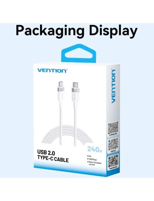 Cable USB 2.0 Tipo-C 5A Vention TRIPH/ USB Tipo-C Macho - USB Tipo-C Macho/ Hasta 240W/ 480Mbps/ 2m/ Rosa