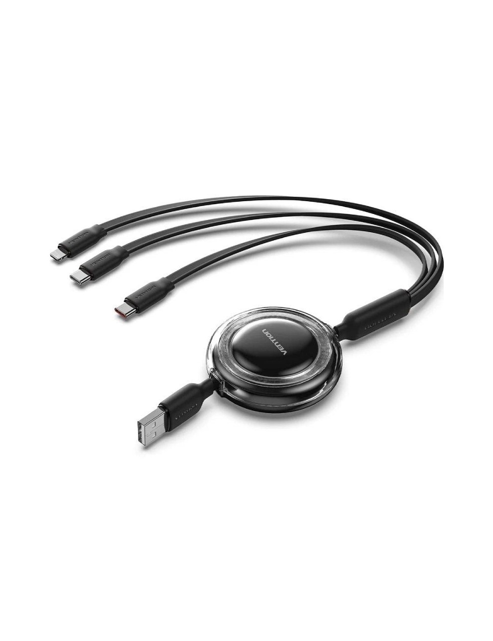 Cable USB Retráctil Vention TRJBBE/ USB Macho - Lightning/ 2xUSB Tipo-C/ Hasta 17.5W/ 10Gbps/ 1.1m/ Negro