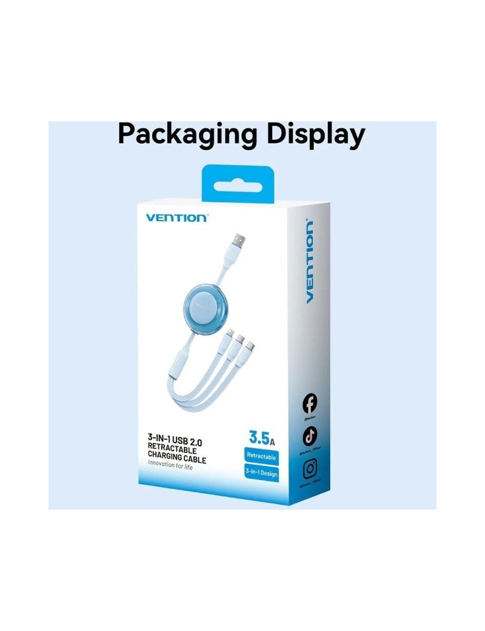 Cable USB Retráctil Vention TRJBBE/ USB Macho - Lightning/ 2xUSB Tipo-C/ Hasta 17.5W/ 10Gbps/ 1.1m/ Negro