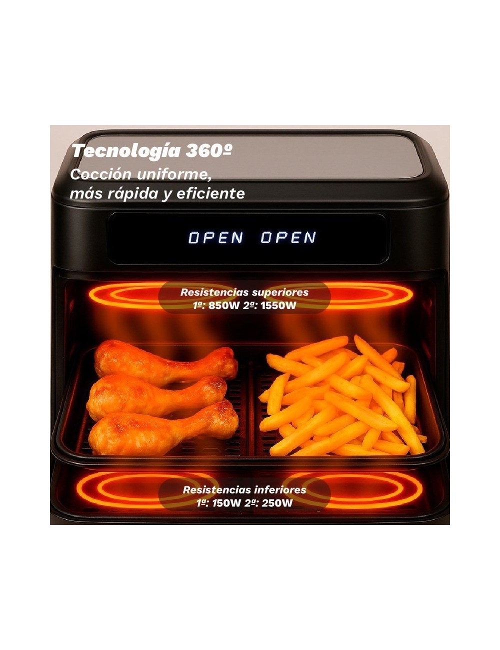 Freidora por Aire Airfryer / Sin Aceite Grunkel Dualflexifryer/ 2800W/ Capacidad 10L
