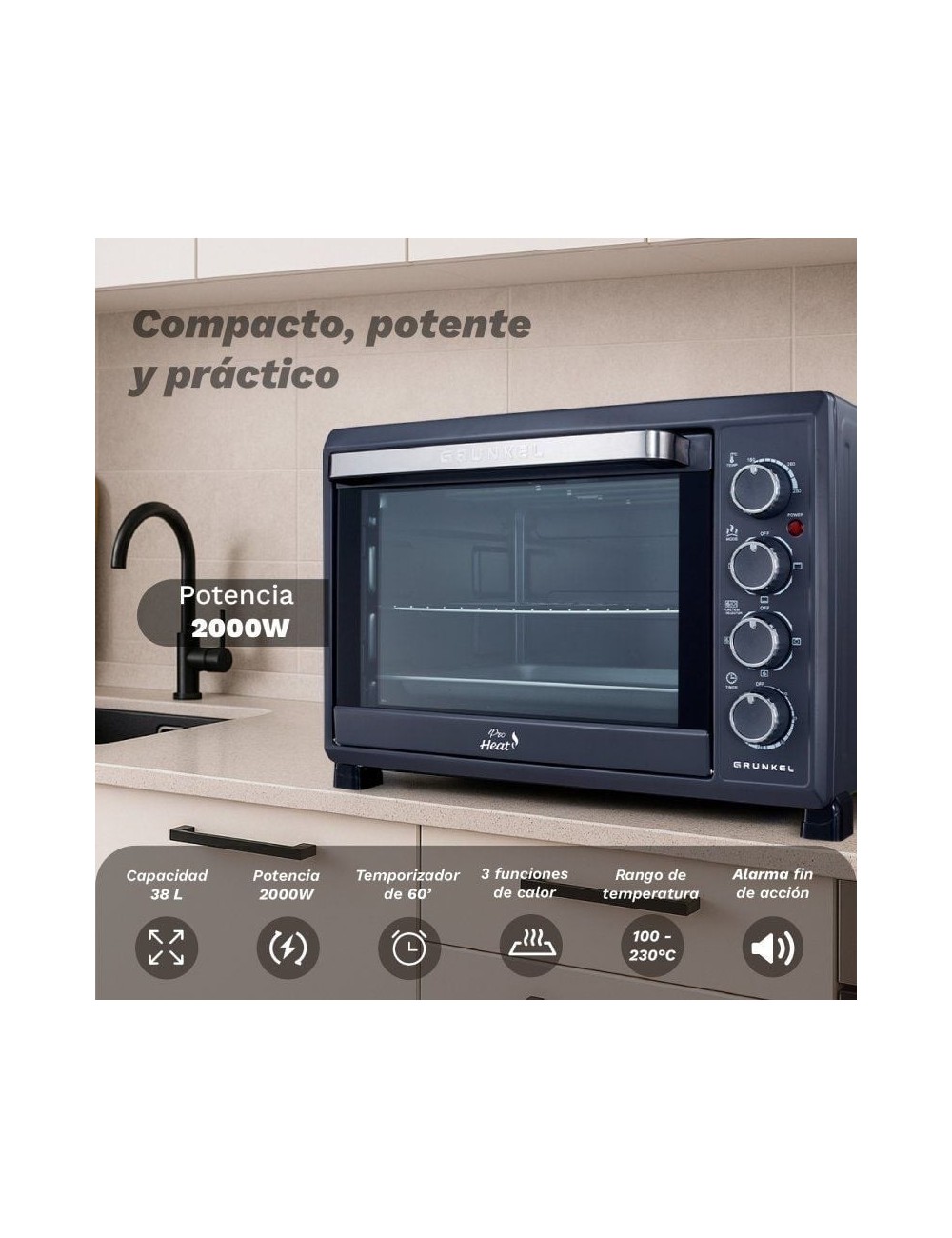 Horno de Sobremesa Grunkel HR-38PRO/ 2000W/ Capacidad 38L/ Negro
