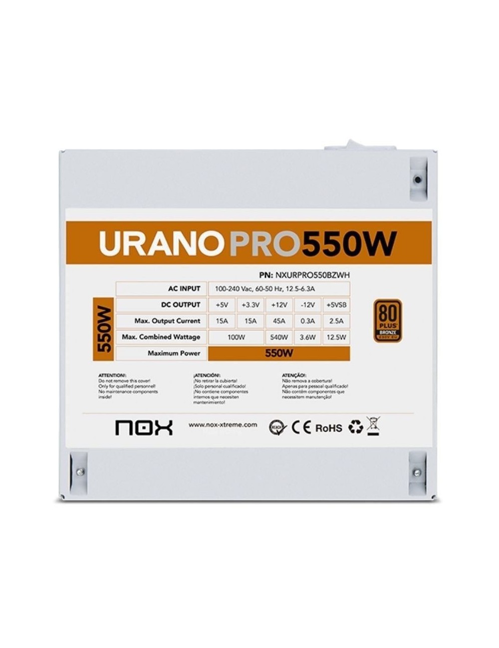 Fuente de Alimentación Nox Hummer Urano Pro White/ 550W/ Ventilador 12cm/ 80 Plus Bronze/ Blanca