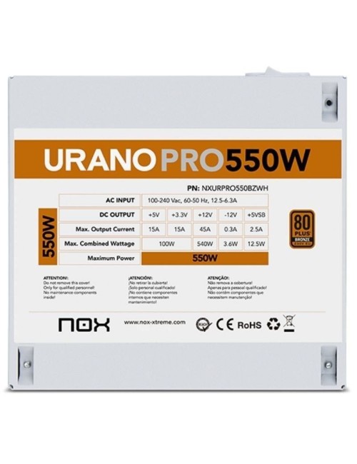 Fuente de Alimentación Nox Hummer Urano Pro White/ 550W/ Ventilador 12cm/ 80 Plus Bronze/ Blanca