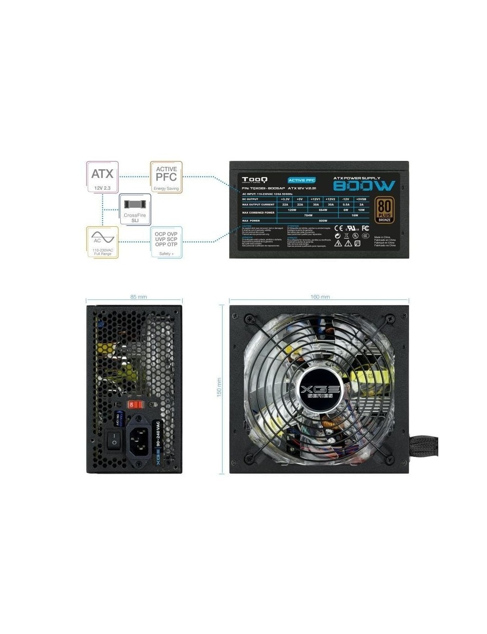 Fuente de Alimentación TooQ TQXGEII-800SAP/ 800W/ Ventilador 14cm/ 80 Plus Bronze